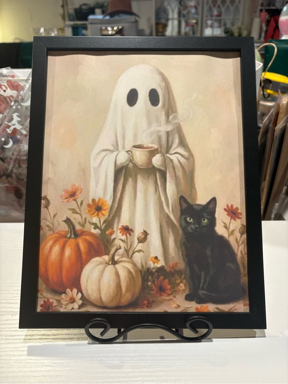 Autumn Ghost & Black Cat Wall Art - framed 8x10 Halloween Print in Black Frame